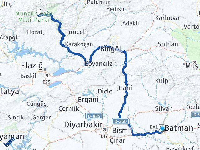 Batman Koyungölü Ovacık Tunceli Arası Kaç Km - Yol Haritası