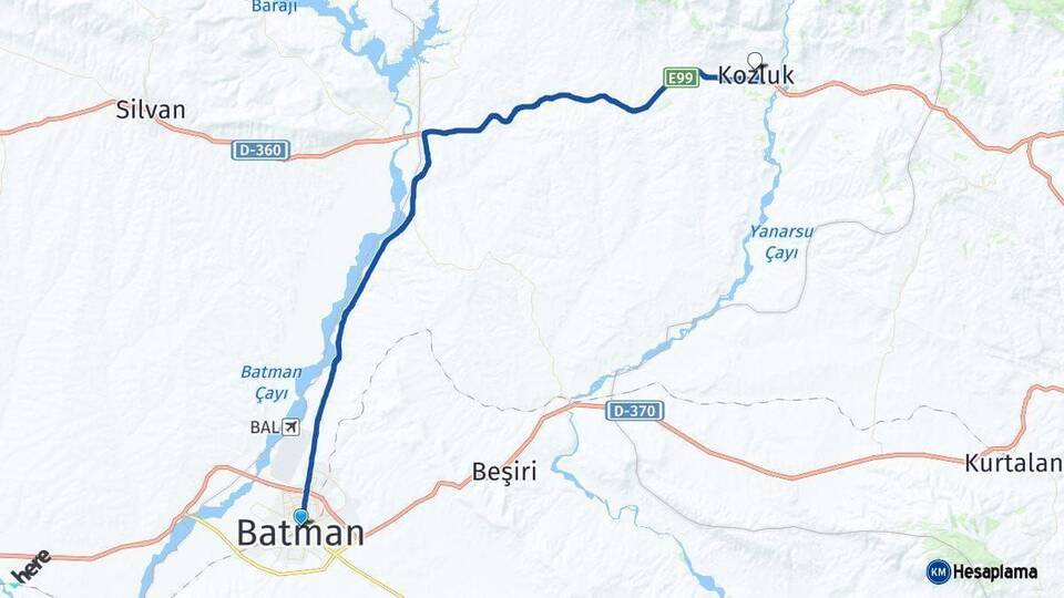 Batman Kozluk Arası Kaç Km - Yol Haritası