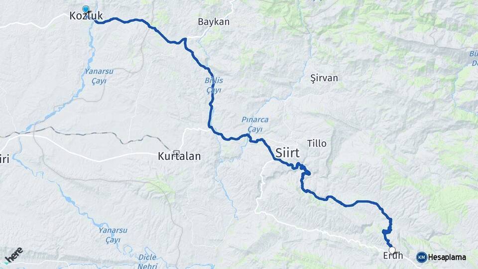 Batman Kozluk Eruh Siirt Arası Kaç Km - Yol Haritası