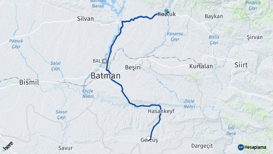 Batman Kozluk Gercüş Arası Kaç Km - Yol Haritası