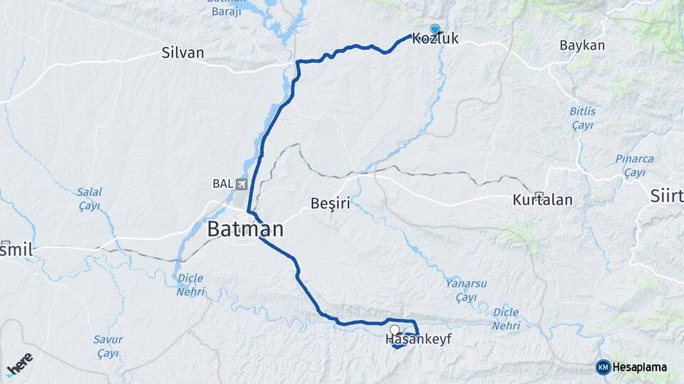 Batman Kozluk Hasankeyf Arası Kaç Km - Yol Haritası