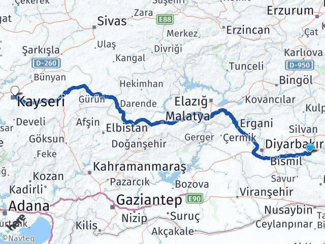 Batman Melikgazi Kayseri Arası Kaç Km - Yol Haritası