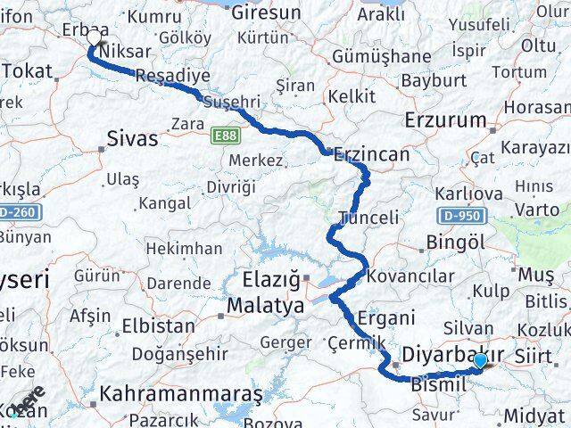 Batman Niksar Tokat Arası Kaç Km - Yol Haritası