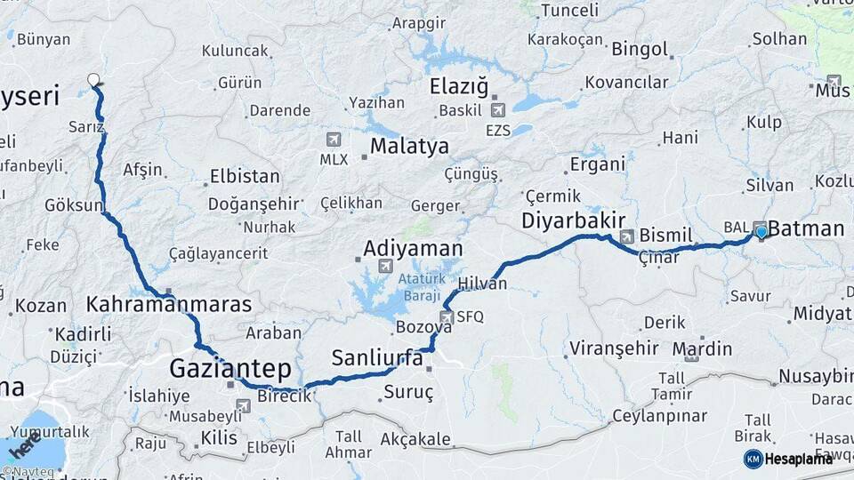 Batman Pınarbaşı Kayseri Arası Kaç Km - Yol Haritası