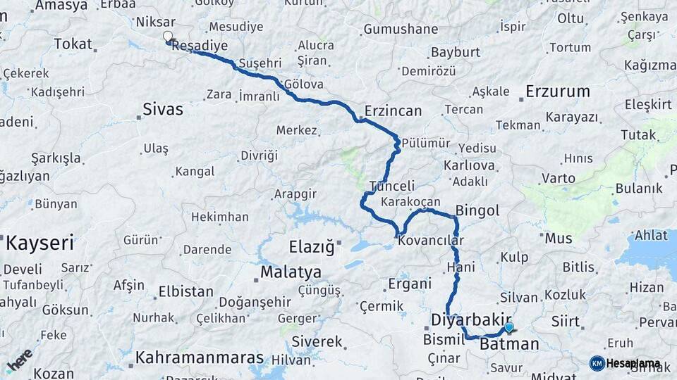Batman Reşadiye Tokat Arası Kaç Km - Yol Haritası