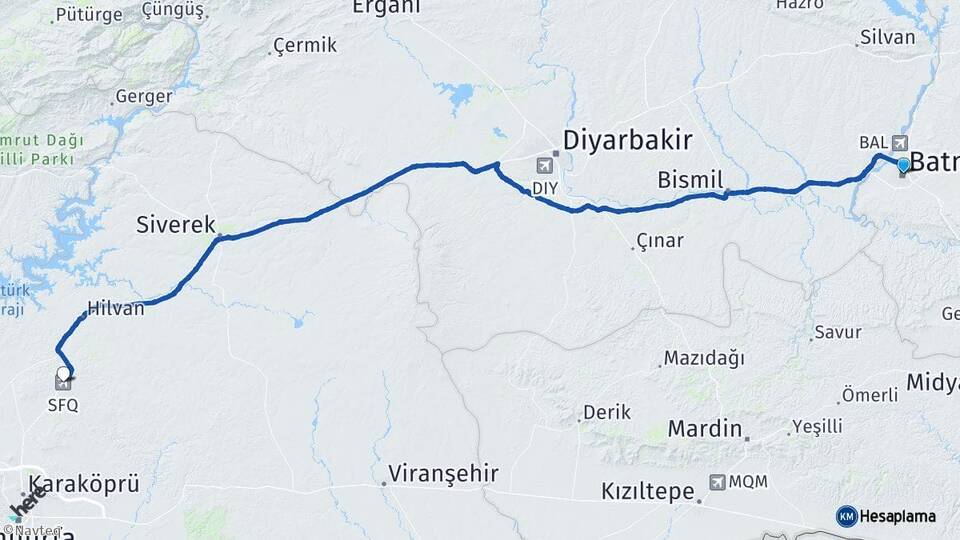 Batman Ş.Urfa GAP Havalimanı Arası Kaç Km - Yol Haritası