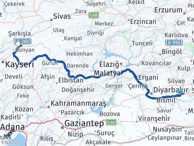 Batman Sarıoğlan Kayseri Arası Kaç Km - Yol Haritası