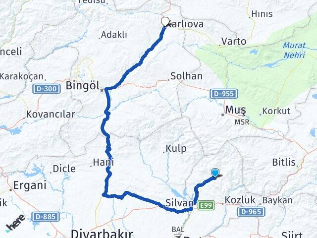 Batman Sason Karlıova Bingöl Arası Kaç Km - Yol Haritası