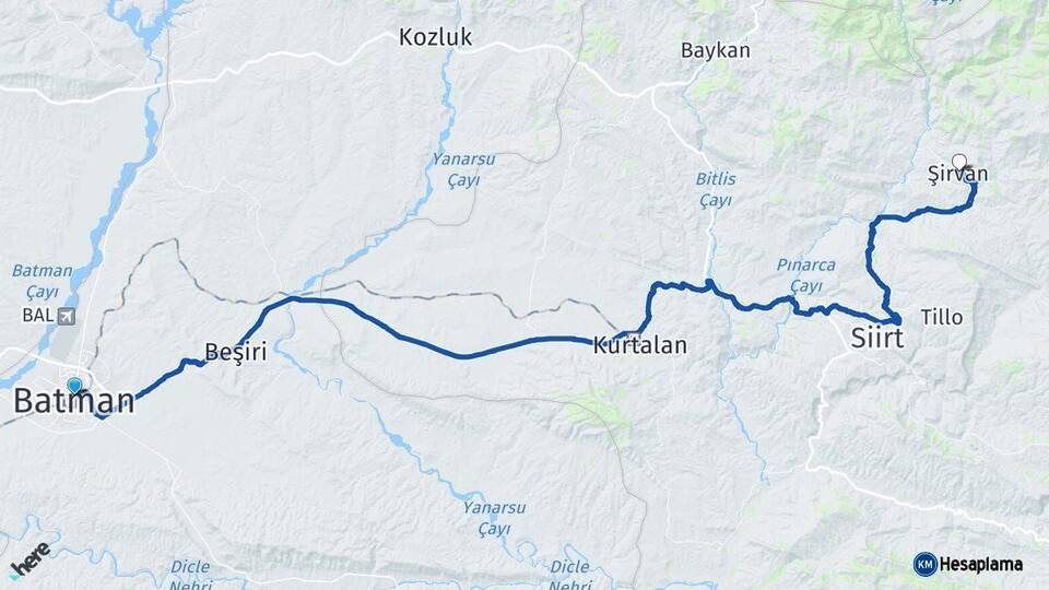 Batman Şirvan Siirt Arası Kaç Km - Yol Haritası