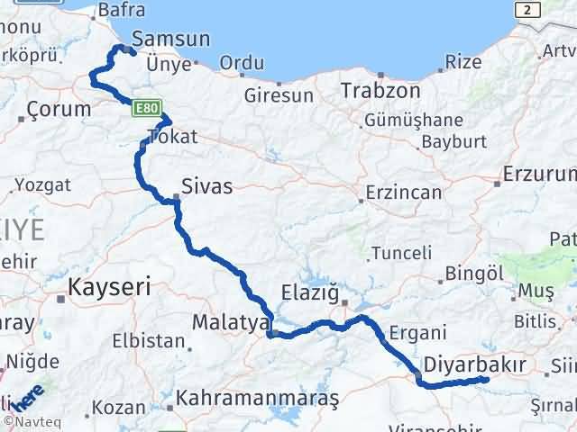 Batman Tekkeköy Samsun Arası Kaç Km - Yol Haritası