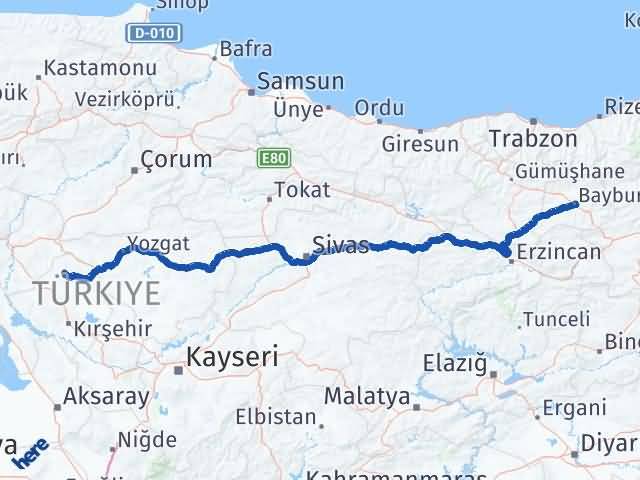 Bayburt Akçakent Kırşehir Arası Kaç Km - Yol Haritası