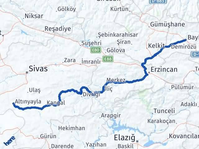 Bayburt Altınyayla Sivas Arası Kaç Km - Yol Haritası