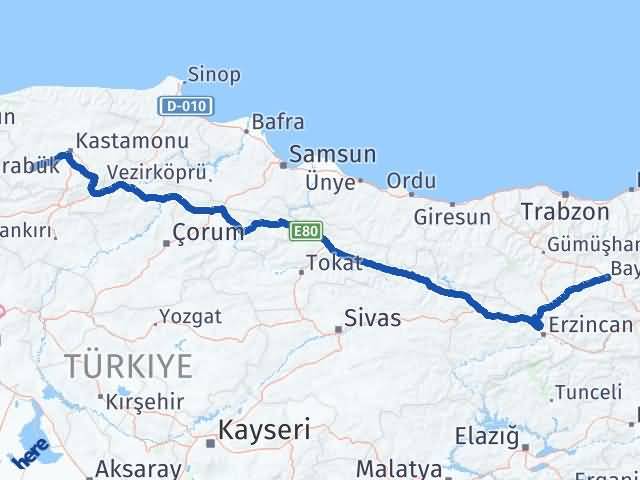 Bayburt Araç Kastamonu Arası Kaç Km - Yol Haritası