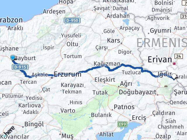 Bayburt Aralık Iğdır Arası Kaç Km - Yol Haritası