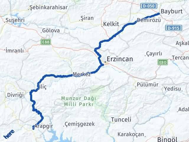 Bayburt Arapgir Malatya Arası Kaç Km - Yol Haritası
