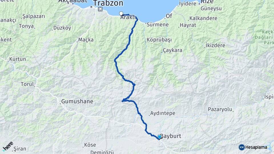 Bayburt Arsin Trabzon Arası Kaç Km - Yol Haritası