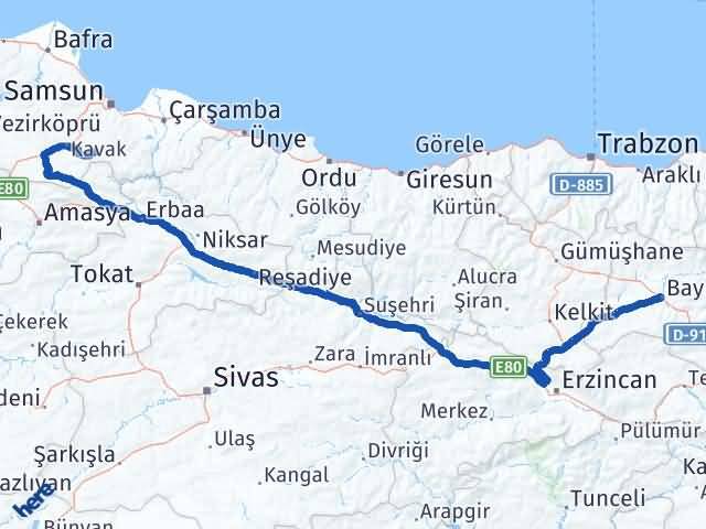 Bayburt Asarcık Samsun Arası Kaç Km - Yol Haritası