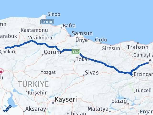 Bayburt Atkaracalar Çankırı Arası Kaç Km - Yol Haritası