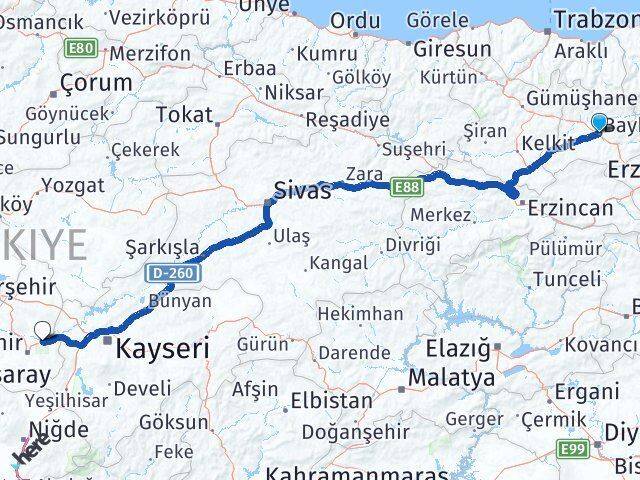 Bayburt Avanos Nevşehir Arası Kaç Km - Yol Haritası