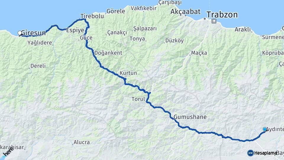 Bayburt Aydıntepe Giresun Arası Kaç Km - Yol Haritası