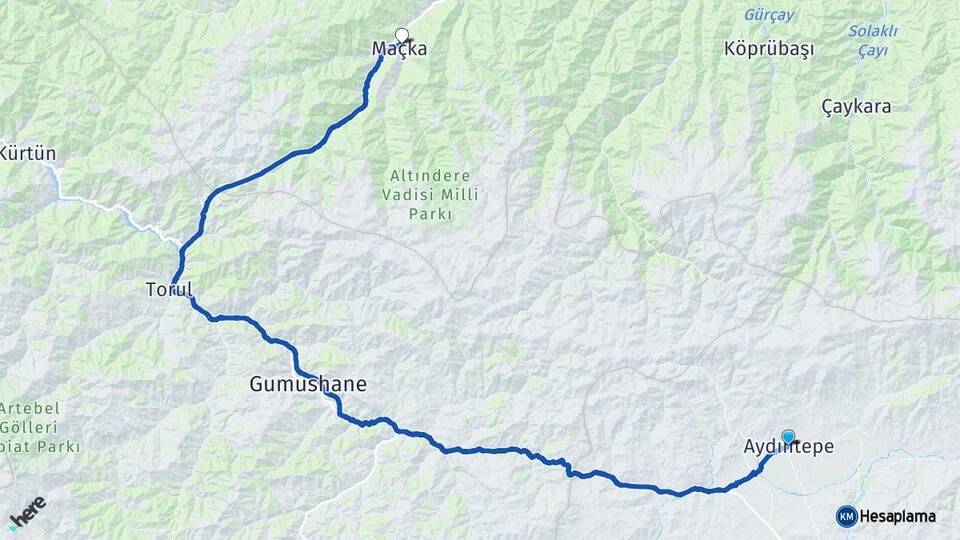 Bayburt Aydıntepe Maçka Trabzon Arası Kaç Km - Yol Haritası
