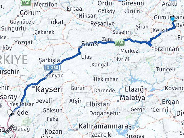 Bayburt Aydıntepe Niğde Arası Kaç Km - Yol Haritası