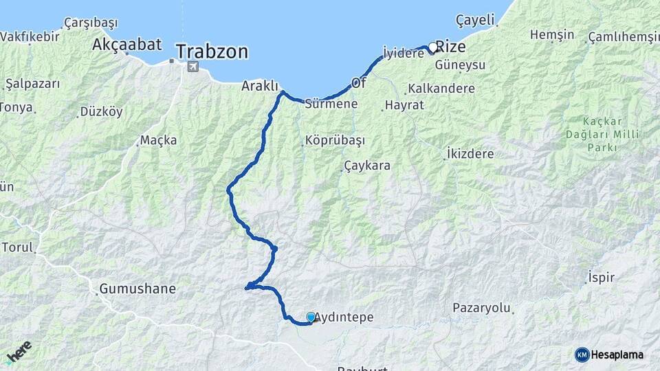 Bayburt Aydıntepe Rize Arası Kaç Km - Yol Haritası