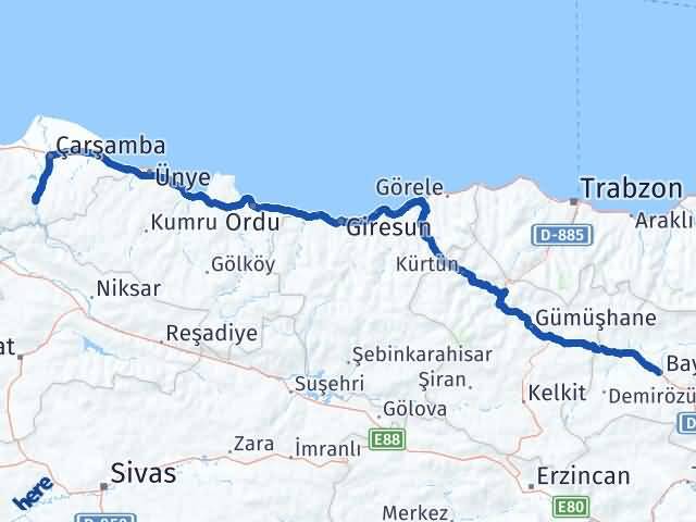Bayburt Ayvacık Samsun Arası Kaç Km - Yol Haritası