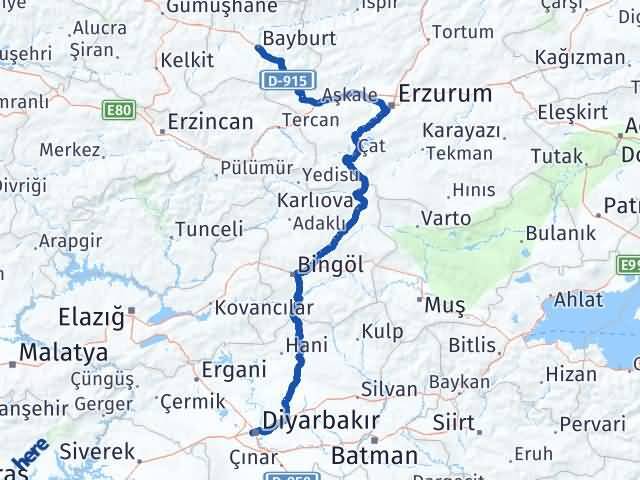 Bayburt Bağlar Diyarbakır Arası Kaç Km - Yol Haritası