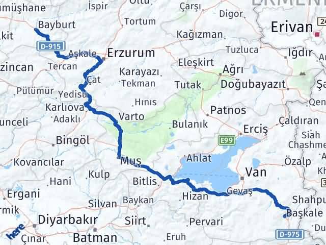 Bayburt Başkale Van Arası Kaç Km - Yol Haritası