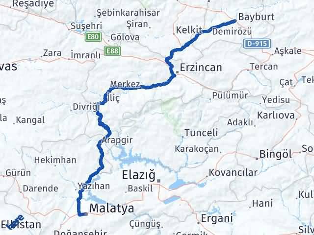 Bayburt Battalgazi Malatya Arası Kaç Km - Yol Haritası