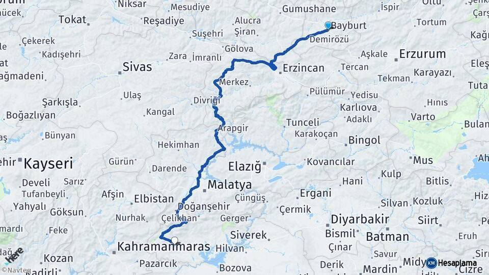 Bayburt Besni Adıyaman Arası Kaç Km - Yol Haritası