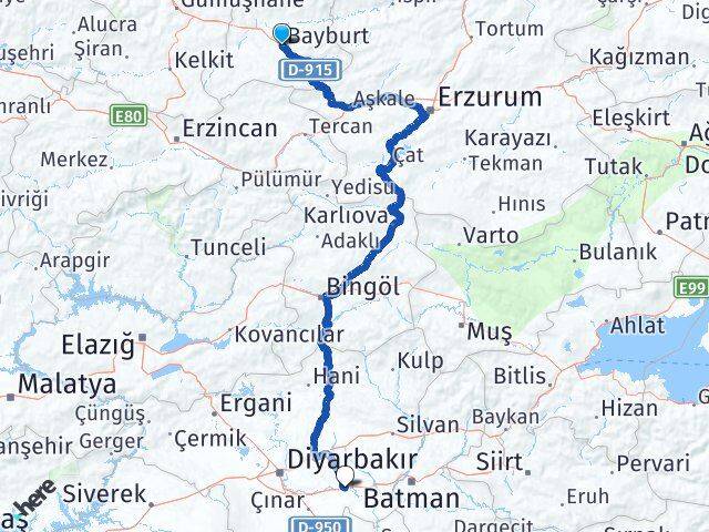 Bayburt Bismil Diyarbakır Arası Kaç Km - Yol Haritası