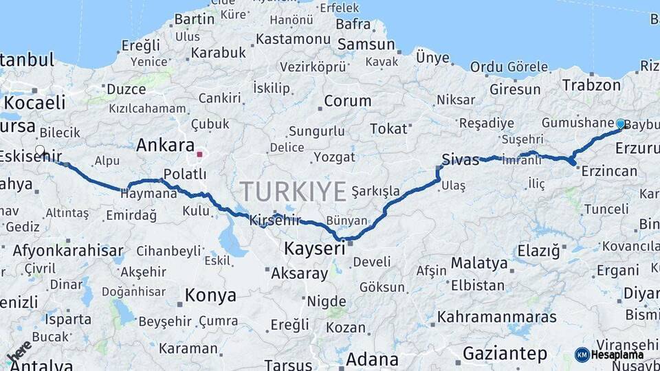 Bayburt Bozüyük Bilecik Arası Kaç Km - Yol Haritası