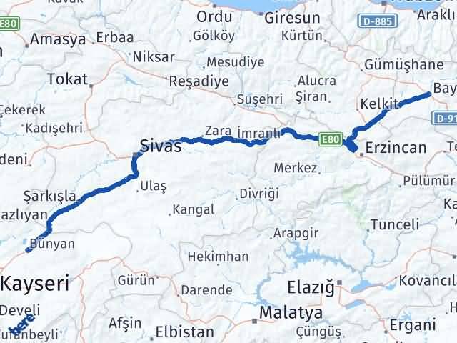 Bayburt Bünyan Kayseri Arası Kaç Km - Yol Haritası