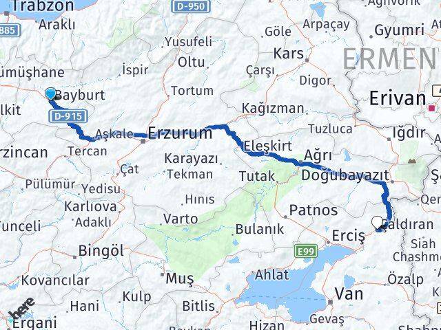 Bayburt Çaldıran Van Arası Kaç Km - Yol Haritası