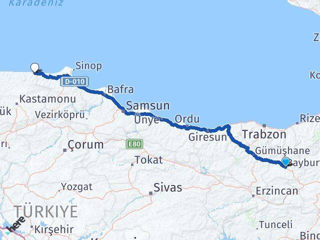 Bayburt Çatalzeytin Kastamonu Arası Kaç Km - Yol Haritası