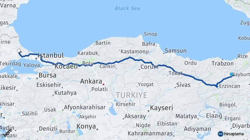 Bayburt Çerkezköy Tekirdağ Arası Kaç Km - Yol Haritası