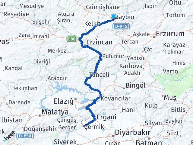 Bayburt Çermik Diyarbakır Arası Kaç Km - Yol Haritası
