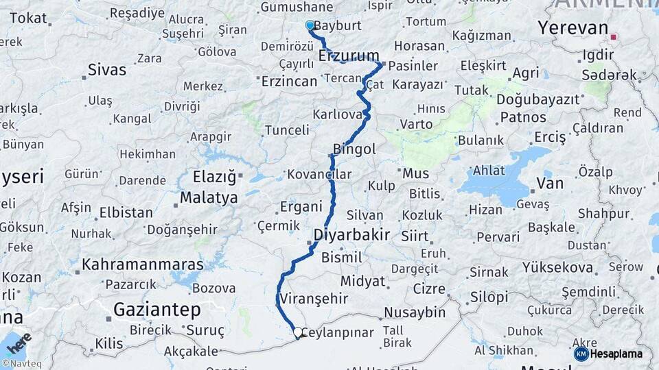 Bayburt Ceylanpınar Şanlıurfa Arası Kaç Km - Yol Haritası