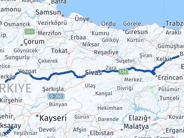 Bayburt Çiçekdağı Kırşehir Arası Kaç Km - Yol Haritası