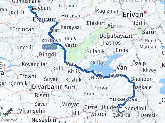 Bayburt Çukurca Hakkari Arası Kaç Km - Yol Haritası
