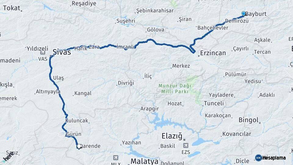 Bayburt Darende Malatya Arası Kaç Km - Yol Haritası