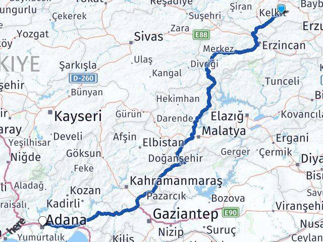 Bayburt Demirözü Adana Arası Kaç Km - Yol Haritası