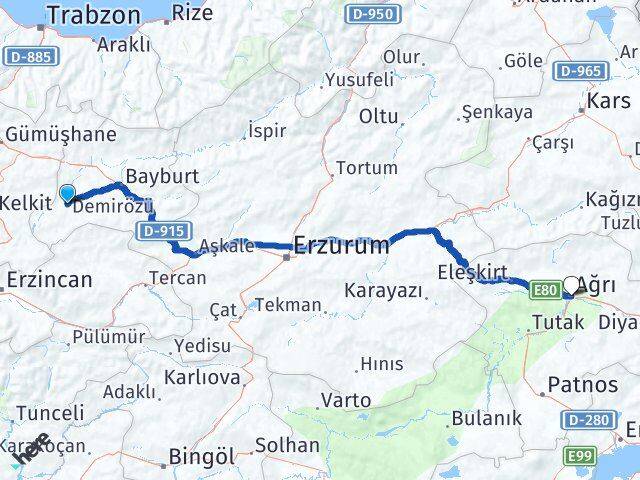 Bayburt Demirözü Ağrı Arası Kaç Km - Yol Haritası