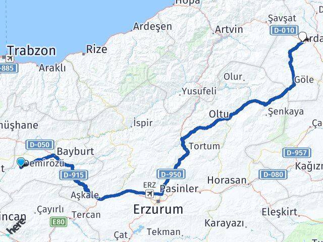 Bayburt Demirözü Ardahan Arası Kaç Km - Yol Haritası