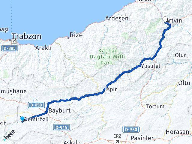 Bayburt Demirözü Artvin Arası Kaç Km - Yol Haritası