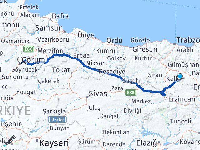 Bayburt Demirözü Çorum Arası Kaç Km - Yol Haritası