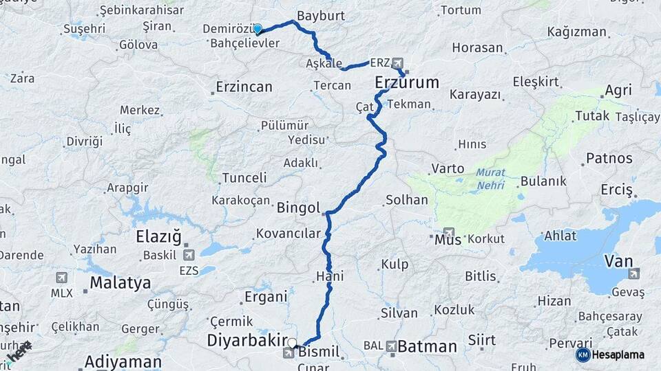 Bayburt Demirözü Diyarbakır Arası Kaç Km - Yol Haritası