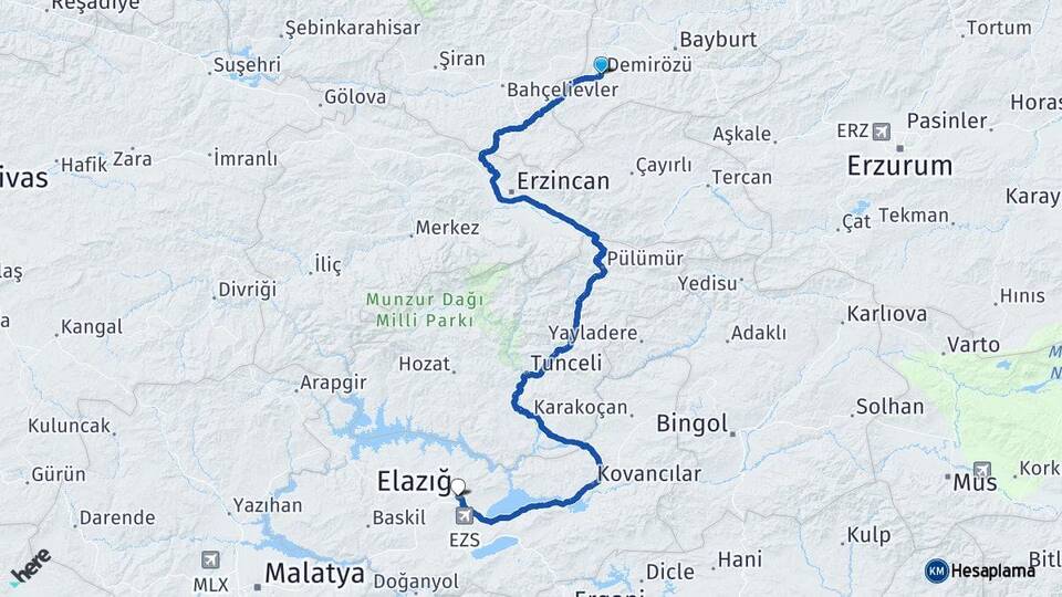 Bayburt Demirözü Elazığ Arası Kaç Km - Yol Haritası